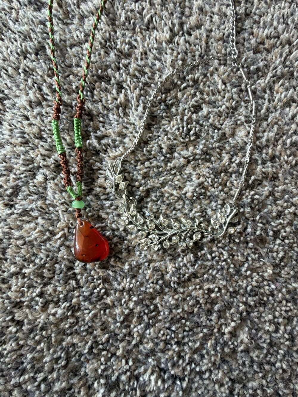 Set of 2 Necklaces: Macrame Carnelian Teardrop Pendant and Silver-Tone Rhineston